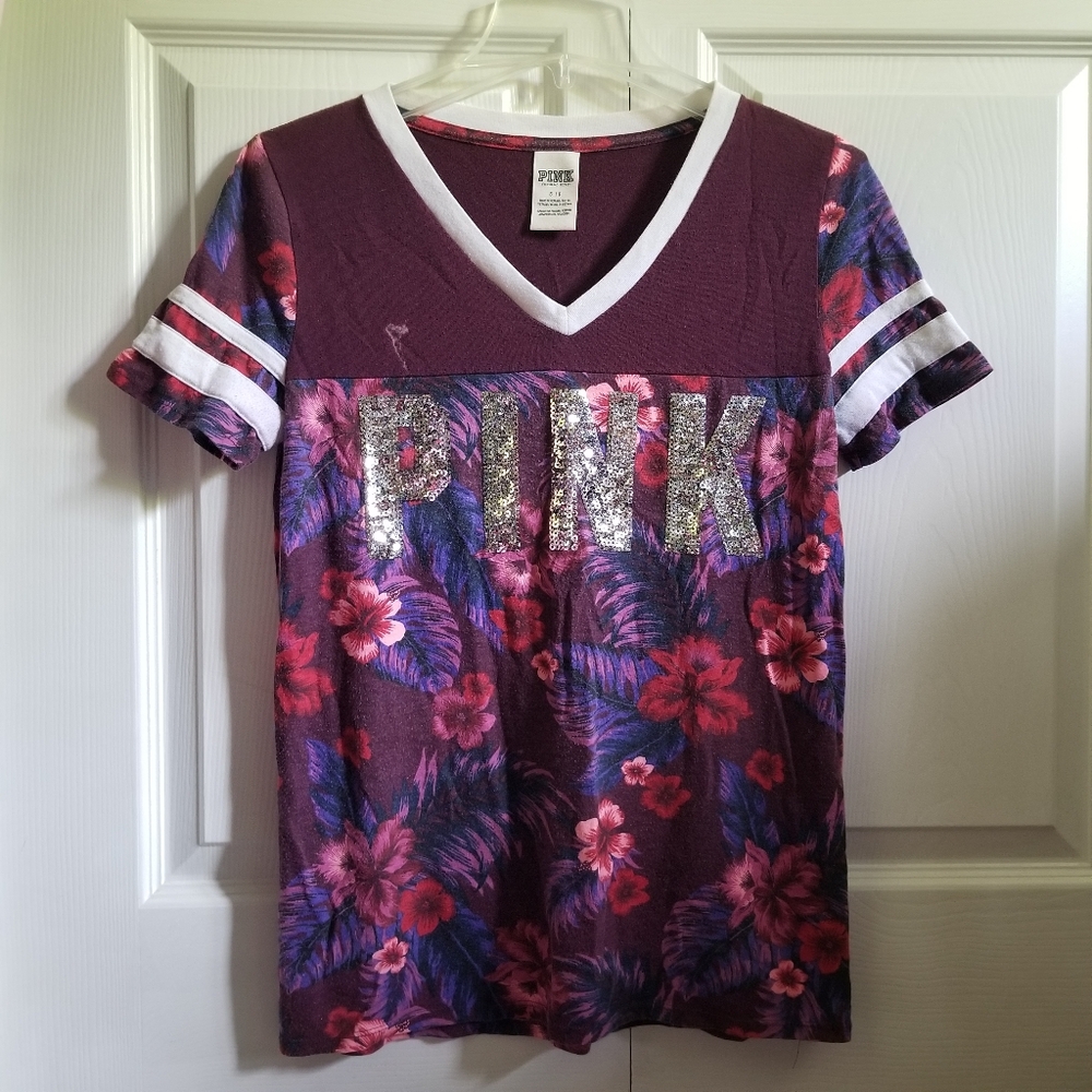 VS PINK T-shirt Small Maroon/Burgundy Floral Jersey Sequins Bling **CLEARANCE**